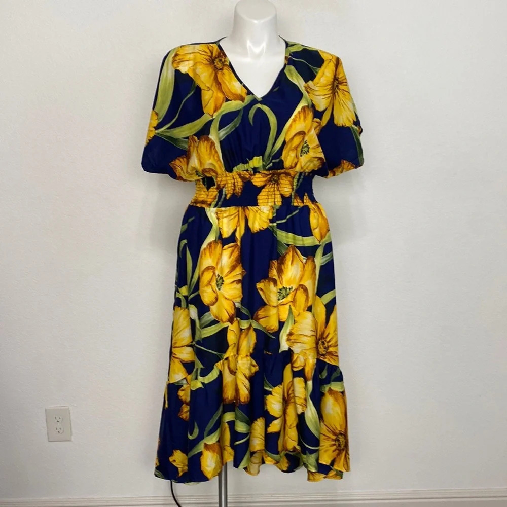 Mlle Gabrielle Blue Yellow Bohemian Floral Hawaiian Hi-Low Midi Dress Size 1X